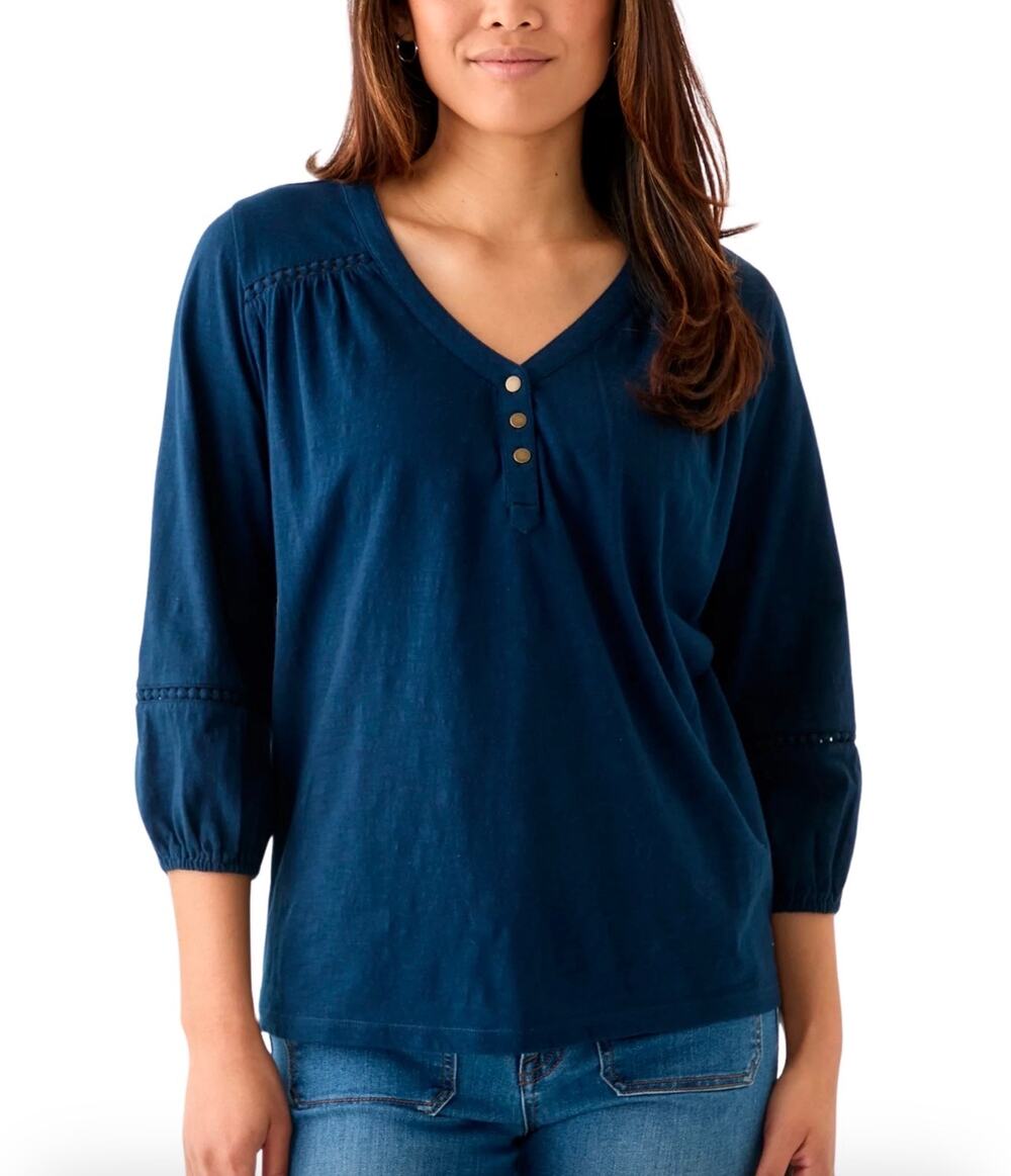 Wonderly Womens L Navy Blue Long Sleeve Tunic Henley Shirt Top NWT